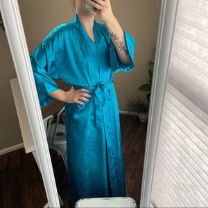 Nordstrom Vintage Bright Aqua Blue floor length tiny floral robe kimono Medium